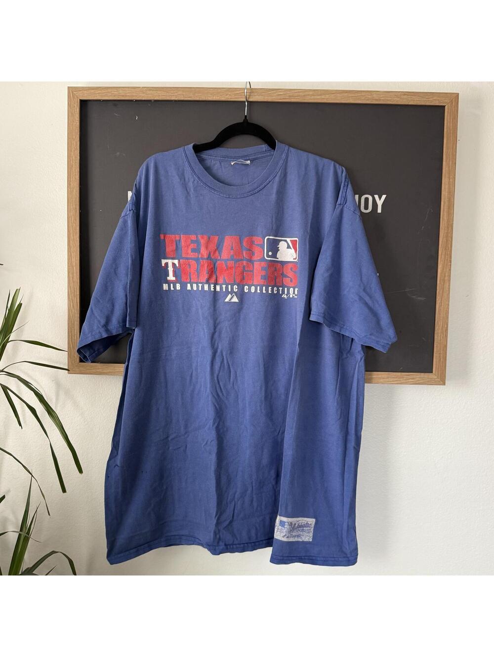 Blue Texas Rangers Majestic MLB Graphic T-Shirt 2XL Vintage Fade